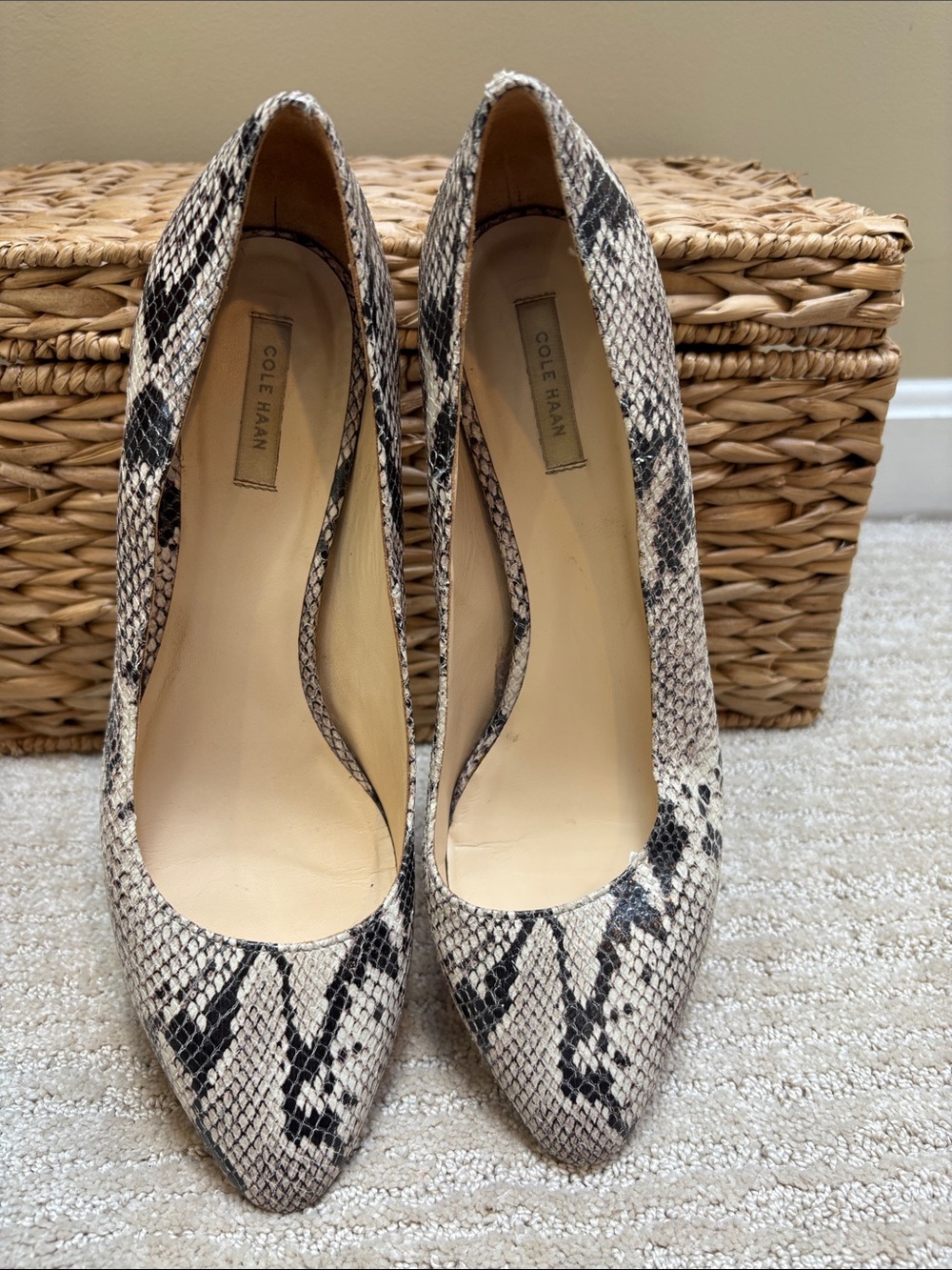 Cole Haan Snake-Print Pointed Toe Pumps in Beige and Black Size 9